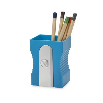 Pot à crayons- Pen holder-Portalápices-Schreibutensilienbehäleter, Sharpener blue