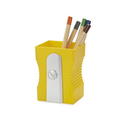 Pot à crayons- Pen holder-Portalápices-Schreibutensilienbehäleter, Sharpener yellow