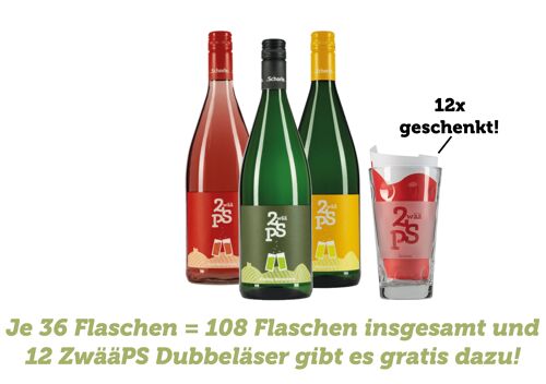 ZwääPS Starterpaket - 108 Literflaschen Weinschorle + 12 Gläser geschenkt!