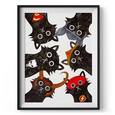 Super Cats Unite Wall Art Print A4 and A3