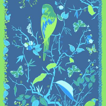 Etole en coton Brasilia feuilles et oiseaux bleu et vert 5