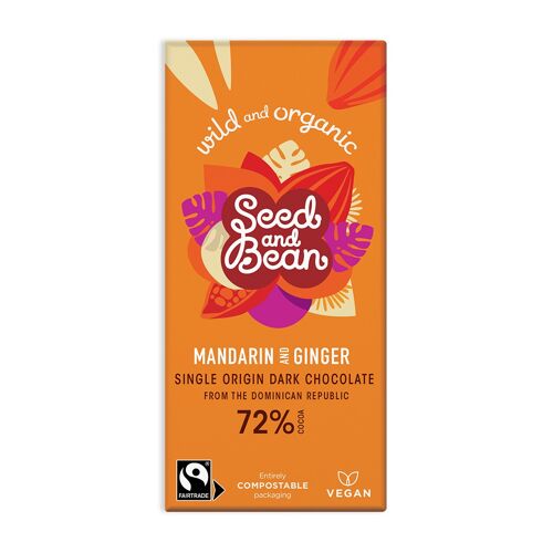 Mandarin & Ginger Extra Dark Vegan chocolate 75g bar (72% cocoa) ( 10 x 75g)