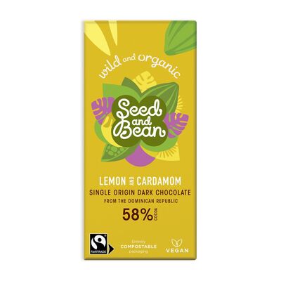 BARRETTA DI CIOCCOLATO VEGANO FONDENTE FINO AL LIMONE E CARDAMOMO 75G (58% DI CACAO) (10 x 75g)