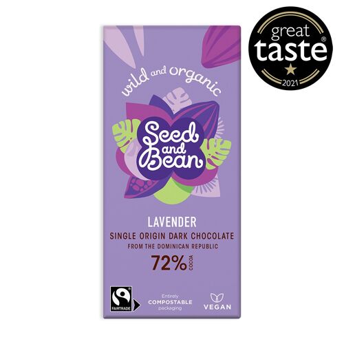 LAVENDER EXTRA DARK VEGAN CHOCOLATE 75G BAR (72% COCOA) ( 10 x 75g)