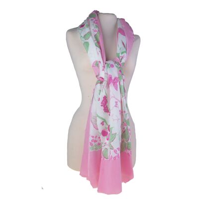 Cotton stole Brasilia leaves and pink birds, ideal for summer, holidays, occasions