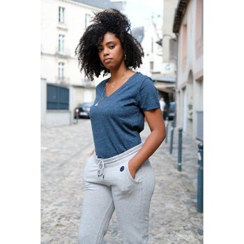T-shirt Femme col V bleu denim chiné en coton BIO 1