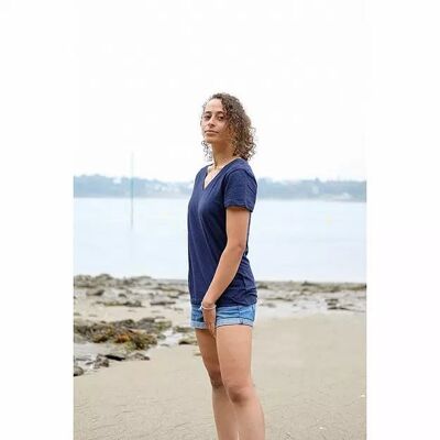 Camiseta mujer escote pico azul jaspeado de algodón orgánico