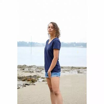 Women's mottled blue V-neck T-shirt in organic cotton