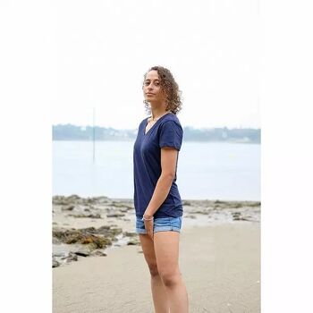 T-shirt Femme col V bleu chiné en coton BIO 1