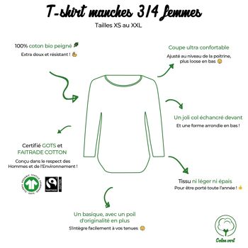 T-shirt manches 3/4 femmes bordeaux en coton BIO 7