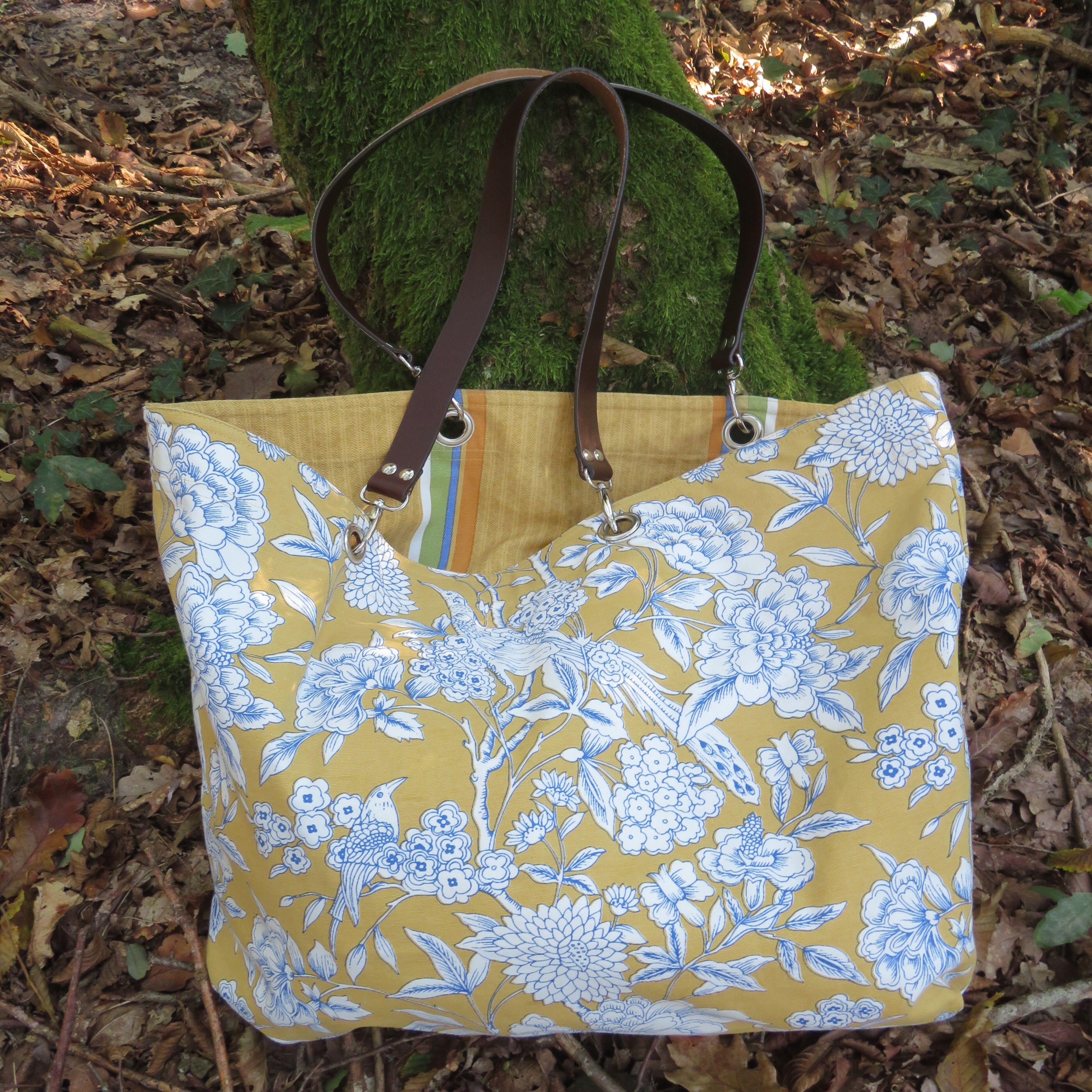 Borsa reversibile in tela di cotone con motivo Toile de Jouy giallo Heritage