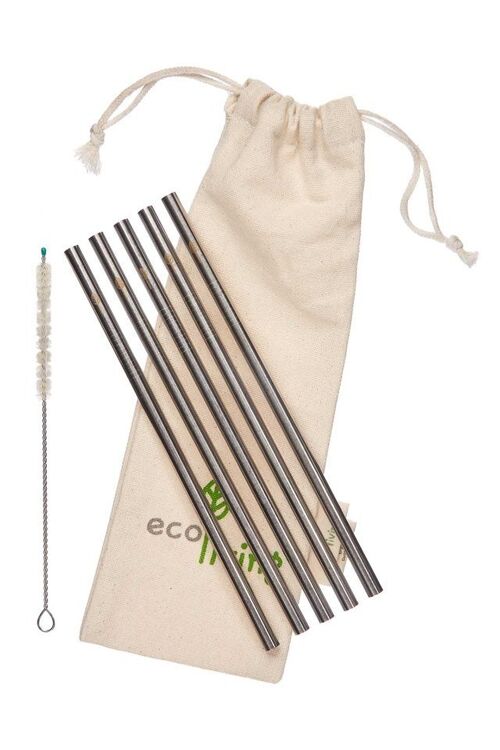 5 Stainless Steel Smoothie Straight Drinking Straws with Plastic-Free Cleaning Brush & Organic Carry Pouch