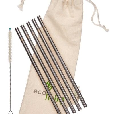 5 Stainless Steel Smoothie Straight Drinking Straws with Plastic-Free Cleaning Brush & Organic Carry Pouch