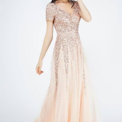 Moi capped sleeve nude embellished maxi dress