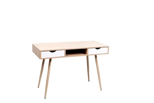 Mesa de escritorio metal y madera con 2 cajones estilo nórdico color blanco y roble. BERKELEY. para teletrabajo, oficina, habitación juvenil