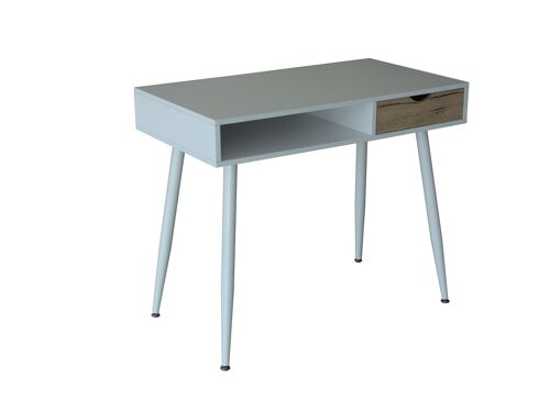 Mesa de escritorio en metal y madera con cajón estilo nórdico color blanco y roble. COLLEGE. teletrabajo, estudio, oficina, dormitorio