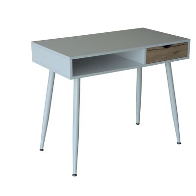 Mesa de escritorio en metal y madera con cajón estilo nórdico color blanco y roble. COLLEGE. teletrabajo, estudio, oficina, dormitorio