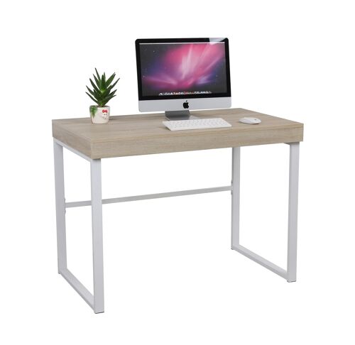 Mesa de escritorio en metal y madera tapa corredera estilo nórdico color blanco y roble.MIT. teletrabajo, estudio, oficina, dormitorio