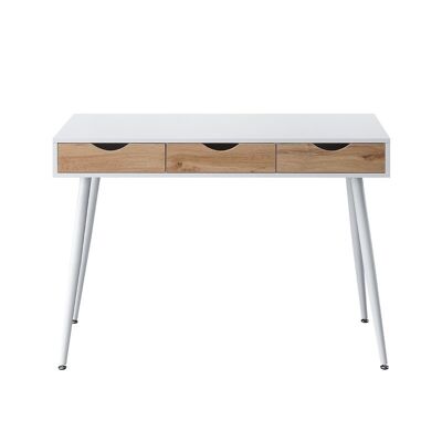 Mesa de escritorio en metal y madera con 3 cajones, estilo nórdico color blanco y roble. UCLA. teletrabajo, estudio, despacho