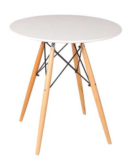 Mesa comedor o cocina redonda en madera natural y lacado blanco estilo nórdico.BEAT DINING80.