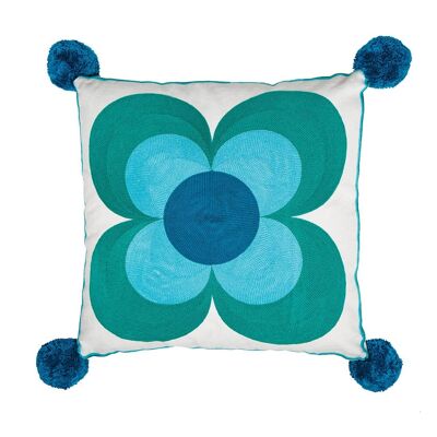Bella Eight Petal Flower Embroidered Cushion Teal/Blues