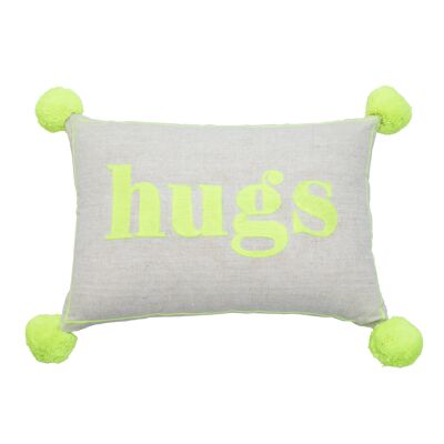 Hugs Neon Yellow on Linen Rectangular Cushion