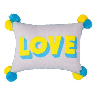 Small Talk Love Cushion on Linen Yellow/Turquoise