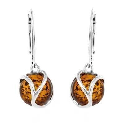 Piccoli orecchini d'ambra cognac Orion e scatola di presentazione
