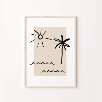 Retro Beach Sun Waves Palm Tree Abstract Wall Print Poster , SKU150