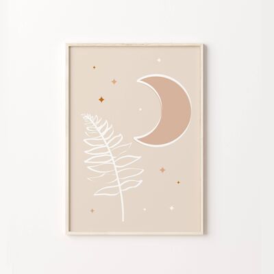 Neutral Beige Leaf and Moon Crescent Wall Art Print Poster , SKU204