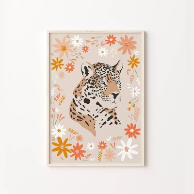 Leopard With Flowers Colourful Boho Art Print , SKU225