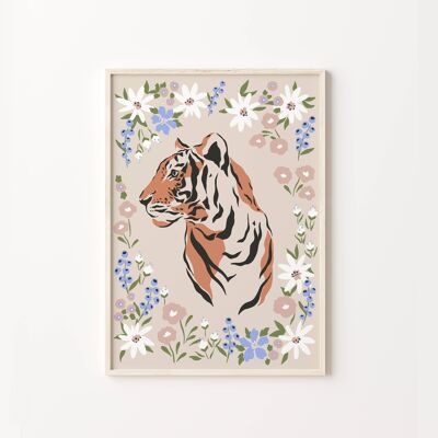 Tiger With Flowers Colourful Boho Art Print , SKU236