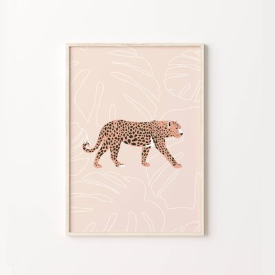 Pink Leopard With Leaves Art Print , SKU258