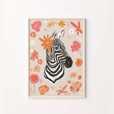 Zebra With Flowers Colourful Jungle Art Print , SKU283
