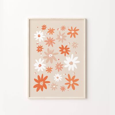 70s Retro Orange Daisy Flower Pattern Print , SKU328