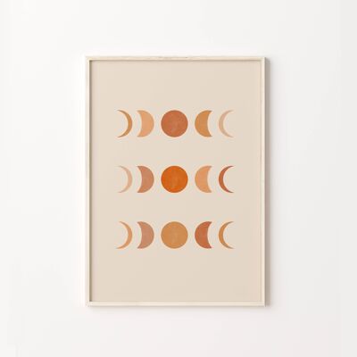 Moon Phases Orange Abstract Geometric Boho Art Print Poster , SKU369