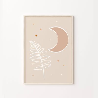 Neutral Beige Leaf and Moon Crescent Wall Art Print Poster , SKU412