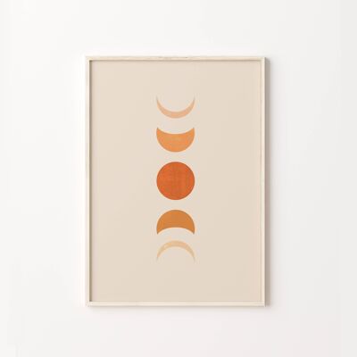 Moon Phase Orange Abstract Geometric Boho Art Print Poster , SKU438