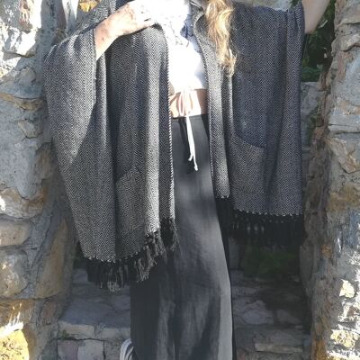 Poncho à capuche en chanvre et bambou - Noir