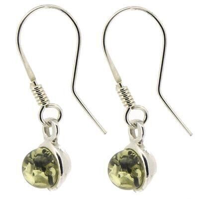 Petites Boucles d'Oreilles Ambre Vert Sphère et Coffret de Présentation