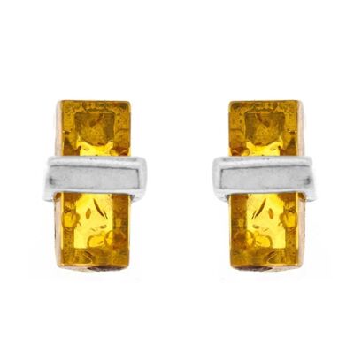 Cognac Amber Rectangle and Silver Stud and Presentation Box