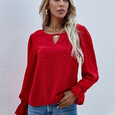 Swiss Dot Cutout Front Blouse-Red