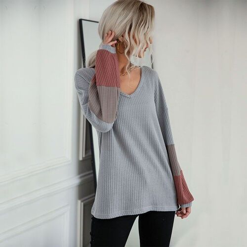 Waffle Knit Striped Sleeve Sweater-Gray