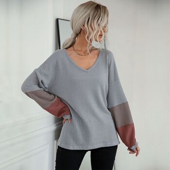 Pull à manches rayées en tricot gaufré-Gris 3