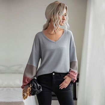 Pull à manches rayées en tricot gaufré-Gris 4