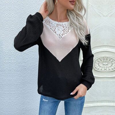 Lace Detail Color Block Sweater-Black