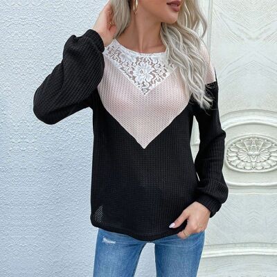 Maglione a blocchi di colore con dettagli in pizzo-nero