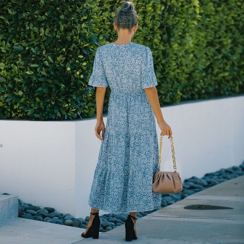 Tie Neck Floral Print Dress-Blue