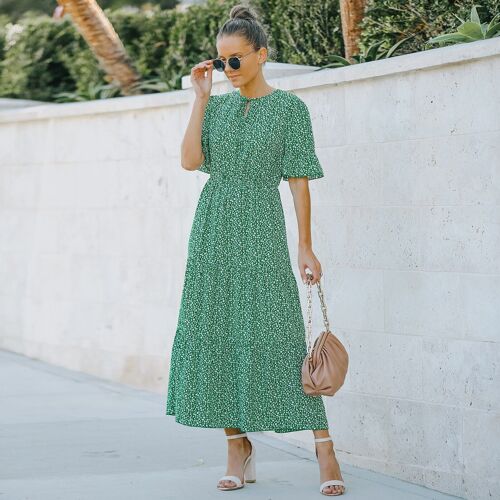 Tie Neck Floral Print Dress-Green