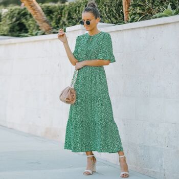 Robe à imprimé floral et col noué-Vert 3